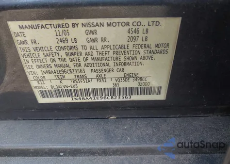 2006 Nissan Maxima 3.5 Se z USA, uszkodzony, nr VIN 1N4BA41E96C823563